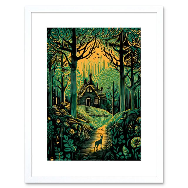 "Artery8 Wall Art Print Cabin Hut in the Forest Green & Orange Linocut Artwork Framed 9X7 Inch in White - Size: W7"" x H9""" - image 1
