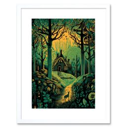 "Artery8 Wall Art Print Cabin Hut in the Forest Green & Orange Linocut Artwork Framed 9X7 Inch in White - Size: W7"" x H9""" - thumbnail 1