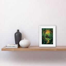 "Artery8 Wall Art Print Cabin Hut in the Forest Green & Orange Linocut Artwork Framed 9X7 Inch in White - Size: W7"" x H9""" - thumbnail 2