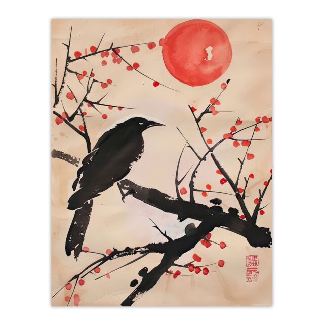 "Artery8 Raven on Berry Tree Winter Sun Japanese Painting Wall Art Print in Beige - Size: W18"" x H24""" - image 1