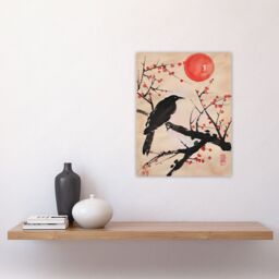 "Artery8 Raven on Berry Tree Winter Sun Japanese Painting Wall Art Print in Beige - Size: W18"" x H24""" - thumbnail 4