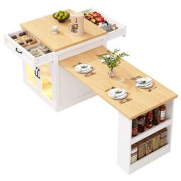 Rolipo Extendable Kitchen Island With LED Lighting & Storage Cabinet in White - thumbnail 9