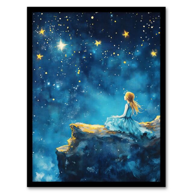 "Artery8 Girl Wish Upon Star Starry Night Sky Painting Framed Art Print in Blue - Size: W12"" x H16""" - image 1