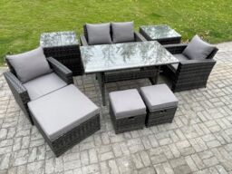 Fimous 7 Seater PE Wicker Outdoor Garden Furniture Set Patio Furniture Rattan Rectangular Dining Table Lounge Sofa in Dark Grey - thumbnail 1