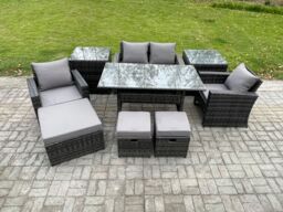 Fimous 7 Seater PE Wicker Outdoor Garden Furniture Set Patio Furniture Rattan Rectangular Dining Table Lounge Sofa in Dark Grey - thumbnail 2
