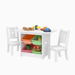 Xample Childrens Kids Wooden Table & Chairs Set With Storage for Nurseries & Bedrooms in White - thumbnail 3