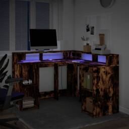 Berkfield Home Desk with LED Lights Smoked Oak 130x130x91 cm Engineered Wood in Brown - Size: 130 x 130 x 91 cm - thumbnail 5