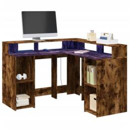 Berkfield Home Desk with LED Lights Smoked Oak 130x130x91 cm Engineered Wood in Brown - Size: 130 x 130 x 91 cm - thumbnail 2