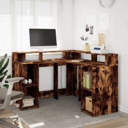 Berkfield Home Desk with LED Lights Smoked Oak 130x130x91 cm Engineered Wood in Brown - Size: 130 x 130 x 91 cm - thumbnail 4