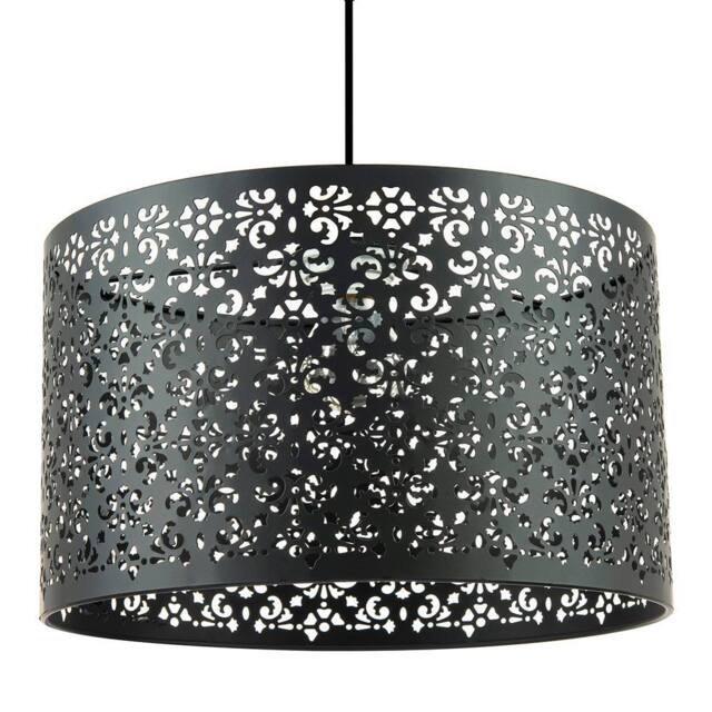 Happy Homewares Moroccan Designed Large Black Metal Pendant Shade with Floral Decor - Size: 16 inches - image 1