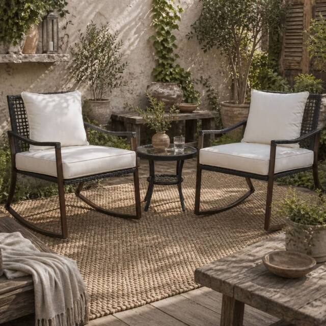 Wyld Haus Madile 3 Piece Rattan Bistro Set Rocking Chairs & Round Glass Coffee in Brown - image 1