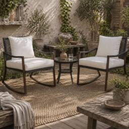 Wyld Haus Madile 3 Piece Rattan Bistro Set Rocking Chairs & Round Glass Coffee in Brown - thumbnail 1
