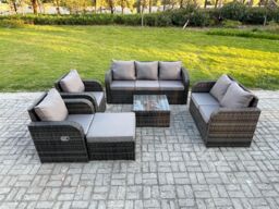 Fimous 8 Seater Garden Furniture Set Rattan Outdoor Lounge Sofa Chair With Tempered Glass Table Big Footstool Dark Grey Mixed - thumbnail 2