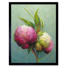 "Artery8 Wall Art Print Modern Pink & White Peony Flowers In Teal Art Framed in Black - Size: W12"" x H16""" - thumbnail 1