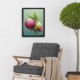 "Artery8 Wall Art Print Modern Pink & White Peony Flowers In Teal Art Framed in Black - Size: W12"" x H16""" - thumbnail 2