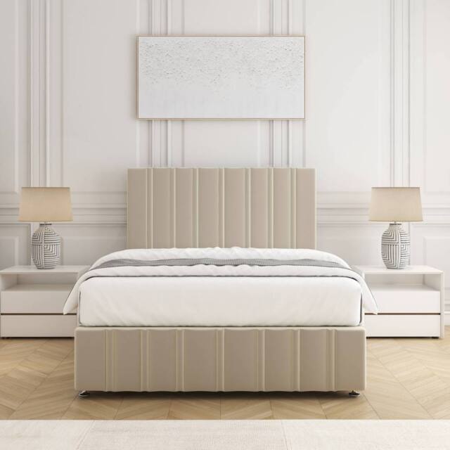 "BSSPOKE Isabella Divan Bed Set Plush Velvet 24""Headboard & Mattress No Drawers in Cream - Size: Single" - image 1