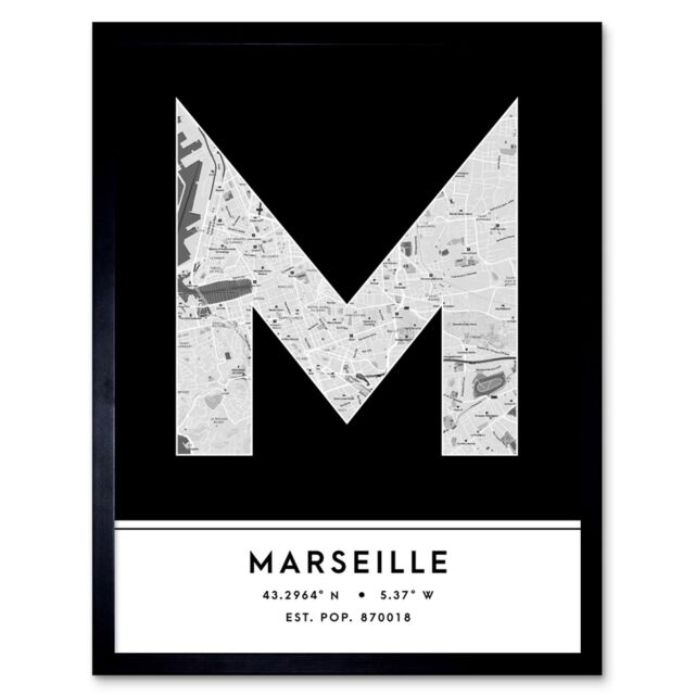 "Wee Blue Coo Wall Art Print Marseille France City Map Modern Typography Stylish Letter Framed Word in Black - Size: W12"" x H16""" - image 1