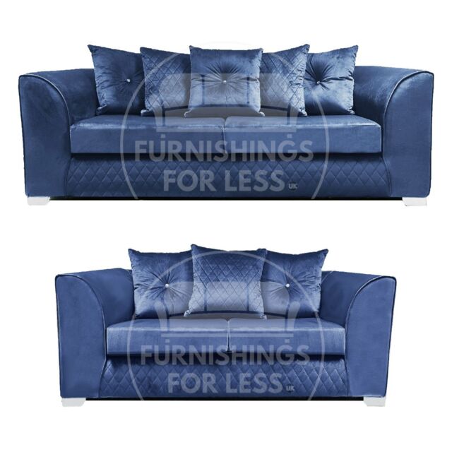 Furnishings For Less UK Victoria Soft Plush Velvet Fabric Sofa Set 3 & 2 Seater Sofa - Scatter Back in Blue - image 1