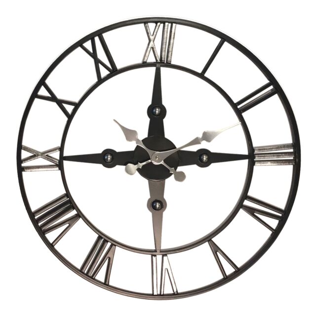 Orsina Wall Clock With Silver Roman Numerals, 59cm Analogue Clock With Black Rim, Stylish Wall Clock For Hallways - image 1