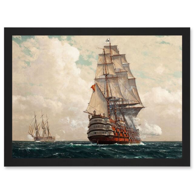 Artery8 Painting Seascape Naval Diemer Ship At Sea Men O War Passing Artwork Framed Wall Art Print A4 in Black - image 1
