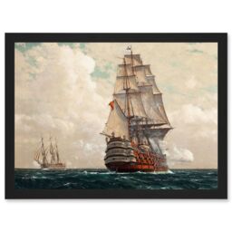 Artery8 Painting Seascape Naval Diemer Ship At Sea Men O War Passing Artwork Framed Wall Art Print A4 in Black - thumbnail 1