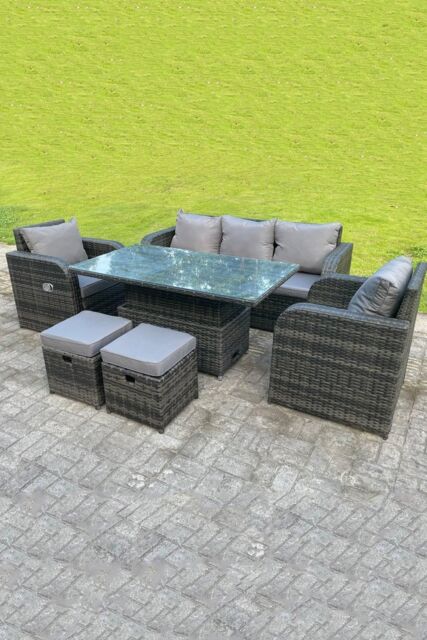Fimous Rattan Outdoor Lifting Adjustable Dining Coffee Table Sets Lounge Sofa Recling Chairs Footstools in Dark Grey - image 1