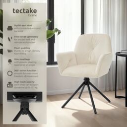 tectake Swivel Chair Lenia Set Of 2 - Velvet Cream/Black in Cream - Size: 2 Pack - thumbnail 2
