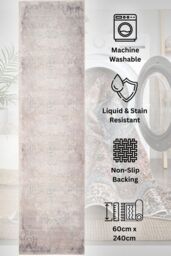 Kukoon Washable Runner Rug Grey Distressed Long Hallway Carpet Mat 80cm x 300cm in Beige - Size: 80 cm x 300 cm - thumbnail 1