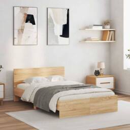 Berkfield Home Bed Frame with Headboard & LED Sonoma Oak 140x200 cm in Brown - thumbnail 4