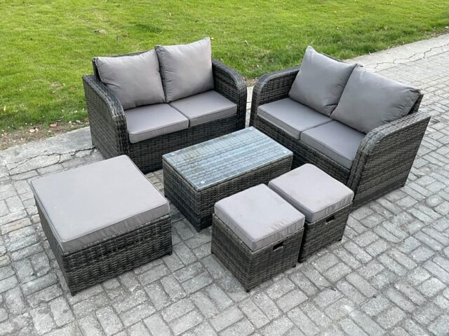 Fimous 7 Seater Garden Furniture Set Rattan Outdoor Lounge Sofa Chair With Tempered Glass Table 3 Footstools Dark Grey Mixed - image 1