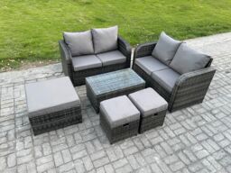 Fimous 7 Seater Garden Furniture Set Rattan Outdoor Lounge Sofa Chair With Tempered Glass Table 3 Footstools Dark Grey Mixed - thumbnail 2