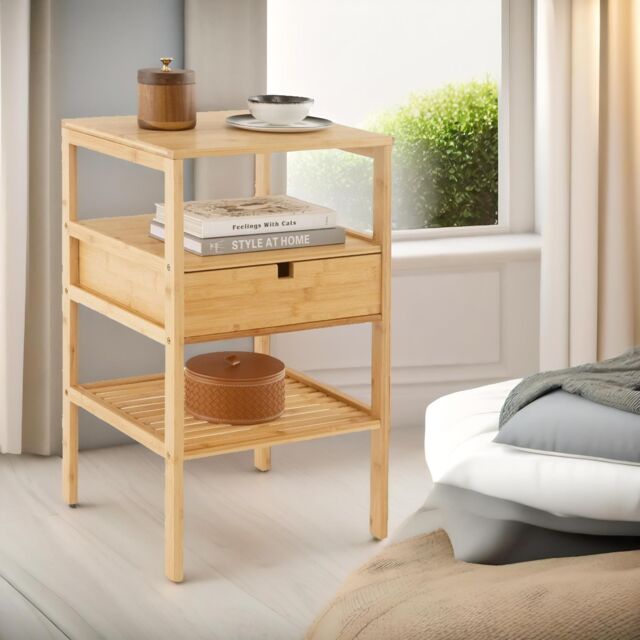 Pirlo Plush Bamboo Bedside Table With Drawer & Shelf Bedroom Furniture in White - image 1