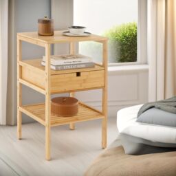 Pirlo Plush Bamboo Bedside Table With Drawer & Shelf Bedroom Furniture in White