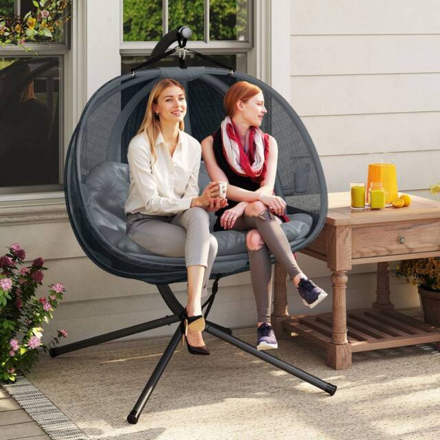 OUTSUNNY Double Hanging Egg Chair 2 Seaters Swing Hammock w/ Cushion in Grey - image 1