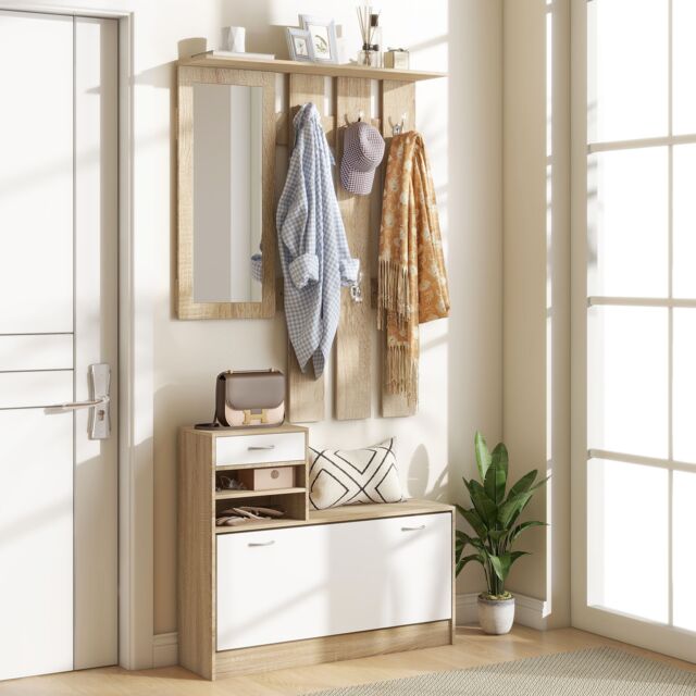 Hallway Furniture Set with Shoe Cabinet, Coat Rack and Mirror