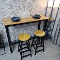 Nordara 3 PCS Modern Breakfast Bar Dining Table & 2 Stools Set Metal Frame in Brown