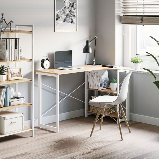 HOMCOM L-Shape Folding Corner Computer Desk with 2 Shelves for Home Office in White