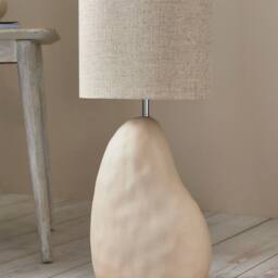 First Choice Lighting Pebble - Matt Ivory Ceramic 122cm Floor Lamp with Natural Linen Shade in Cream - thumbnail 3