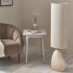 First Choice Lighting Pebble - Matt Ivory Ceramic 122cm Floor Lamp with Natural Linen Shade in Cream - thumbnail 2