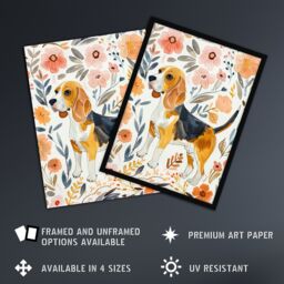 Artery8 Cute Beagle Puppy Dog Lover Floral Watercolour Framed Wall Art - Size: A4 - thumbnail 2