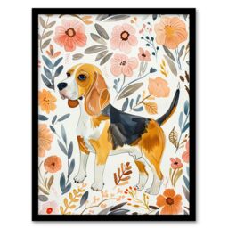Artery8 Cute Beagle Puppy Dog Lover Floral Watercolour Framed Wall Art - Size: A4 - thumbnail 1