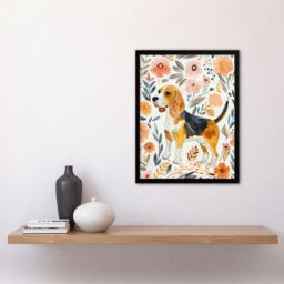 Artery8 Cute Beagle Puppy Dog Lover Floral Watercolour Framed Wall Art - Size: A4 - thumbnail 4