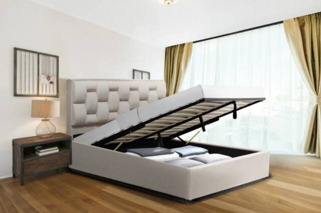 Comfy Living Ltd Plush Velvet Upholstered Gaslift Storage Bedframe in Cream - Size: Double