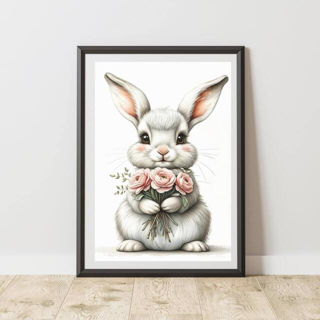 60 SECOND MAKEOVER Rabbit With Bunch Of Flowers Print Wall Art Poster - Size: A4 - image 1