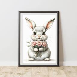 60 SECOND MAKEOVER Rabbit With Bunch Of Flowers Print Wall Art Poster - Size: A4 - thumbnail 1