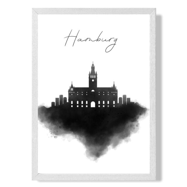 ARTZE Hamburg Watercolour Skyline City Framed Print SIZE: A4 with White Frame in Black - image 1