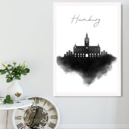 ARTZE Hamburg Watercolour Skyline City Framed Print SIZE: A4 with White Frame in Black - thumbnail 2
