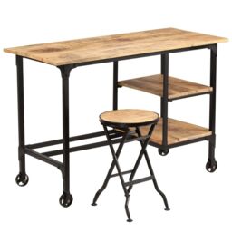 Berkfield Home Desk with Folding Stool Solid Mango Wood 115x50x76 cm in Brown - Size: 115 x 50 x 76 cm - thumbnail 1