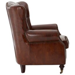 Orsina Brown Leather Scroll Armchair, Lounge Chair With Quilted Backrest, Walnut Wooden Chair With Stud Details - thumbnail 4