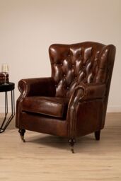 Orsina Brown Leather Scroll Armchair, Lounge Chair With Quilted Backrest, Walnut Wooden Chair With Stud Details - thumbnail 2